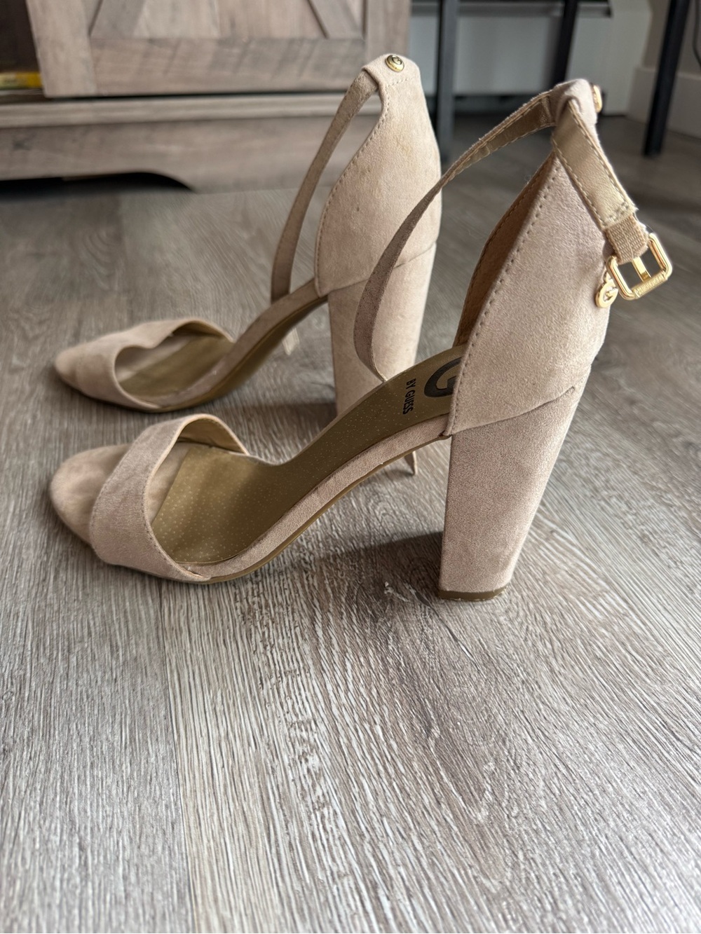 Guess Beige Suede Block Heel with Ankle Strap.
